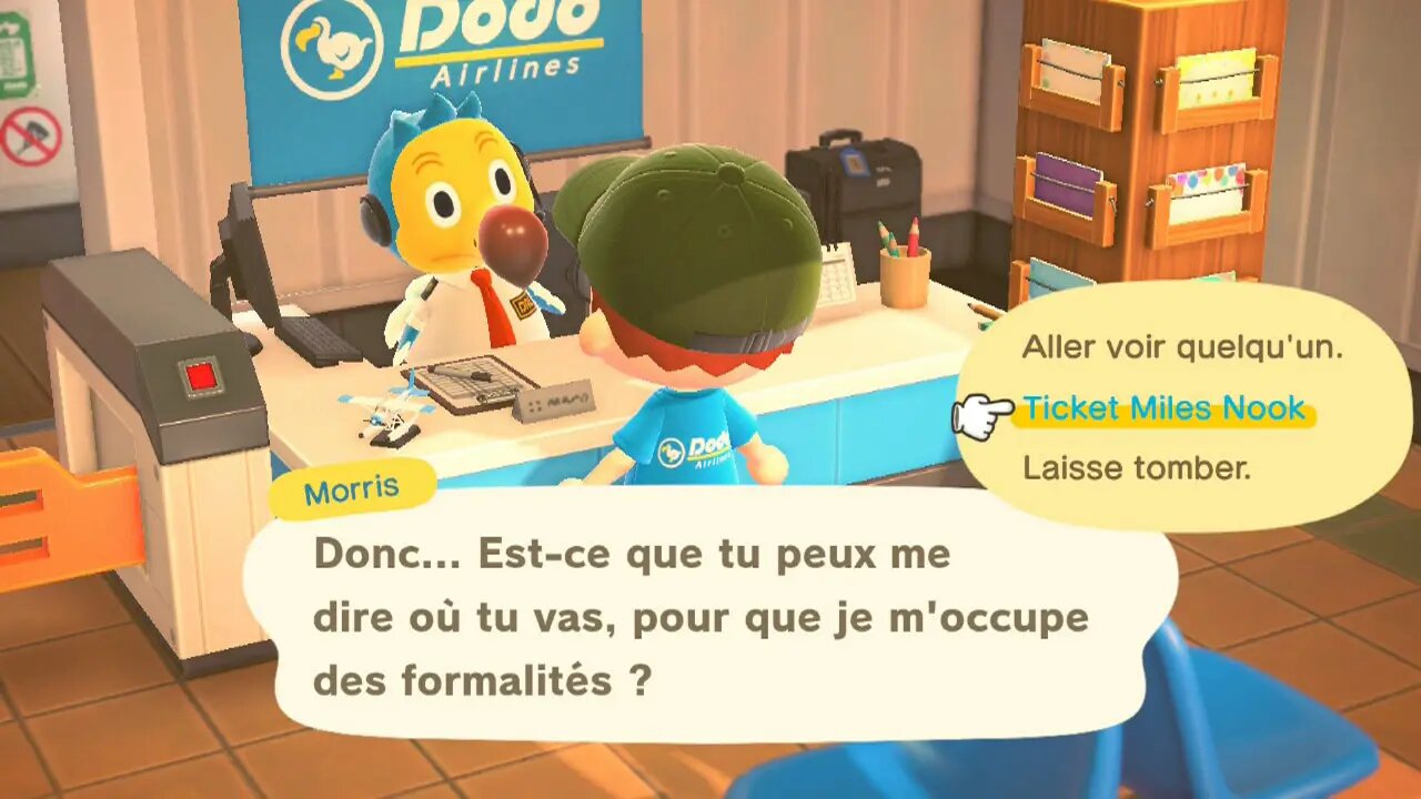 Personnage d'Animal Crossing: New Horizons à l'aéroport, qui demande à voyager à l'aide de Ticket Miles Nook.