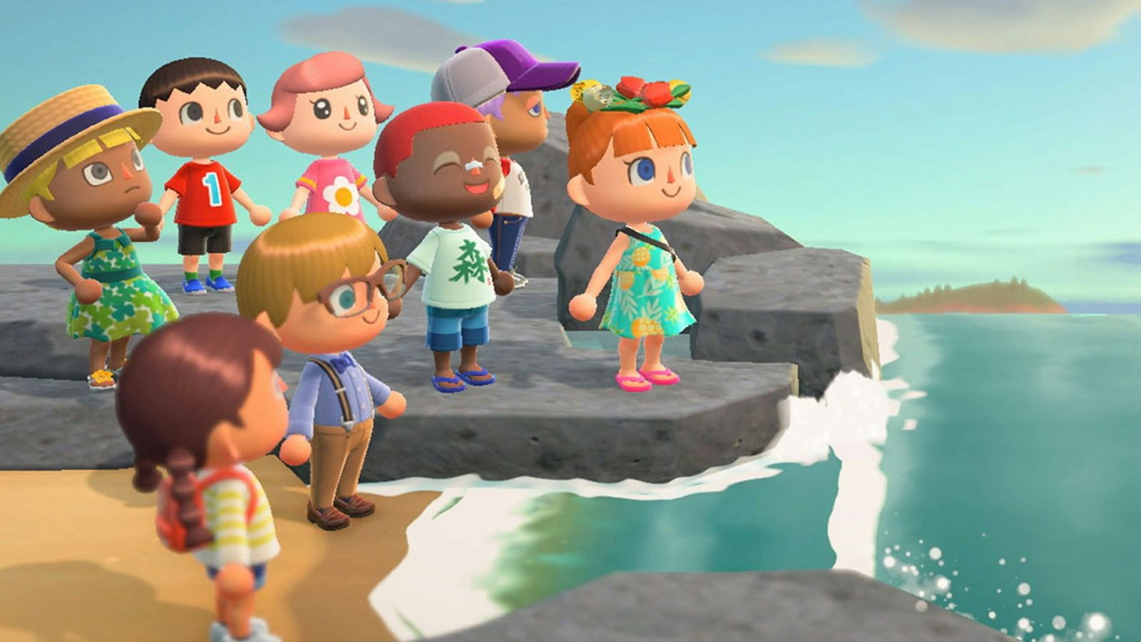 Réunion de joueurs et joueuses en bord de plage dans Animal Crossing: New Horizons.