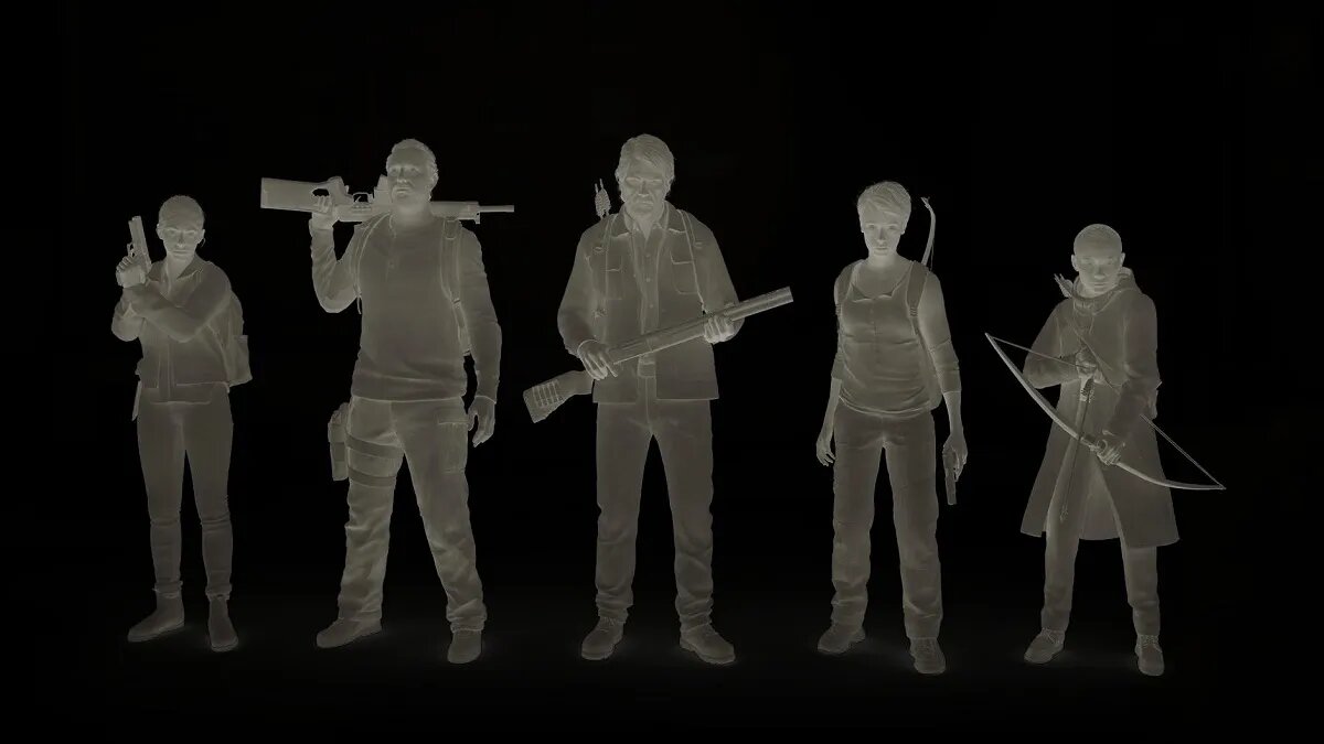 Aperçu en négatif de 5 des personnages jouables dans le mode Sans Retour (No Return) de The Last of Us Part II Remastered.