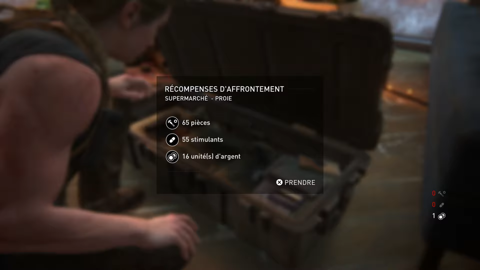 Capture d'écran des récompenses obtenues par Abby en ouvrant le coffre de son QG dans le mode Sans Retour (No Return) de The Last of Us Part II Remastered.